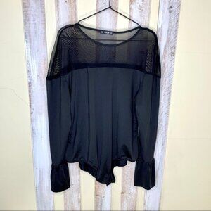 SHEIN Black Sheer Shoulder Bell Cuff Body Suit